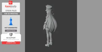3D model of a character with long hair and a hat, standing in boots, viewed from behind.