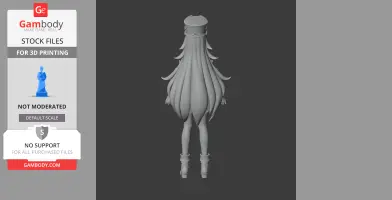 3D model of a character with long, layered hair and boots, viewed from behind.