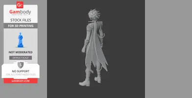 3D model of a character with spiky hair and a flowing cape viewed from the back, ready for printing.