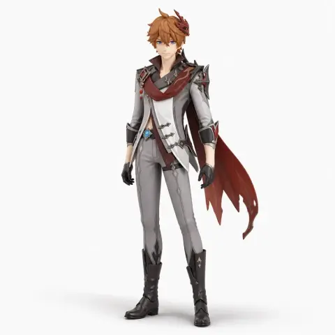 3D printed figure of a character in a detailed outfit with a flowing red cape and confident pose.