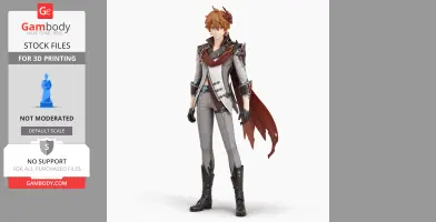 A 3D model of a character with red hair, a long red cape, in detailed armor, for 3D printing.