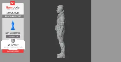 Side profile of a detailed 3D character figure for printing, wearing tactical gear and a jacket.