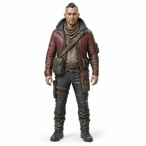 A rugged male figurine in a red jacket, utility pants, and boots, with a crossbody bag and a short hairstyle.