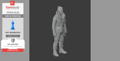 A 3D model of a rugged character with a mohawk, detailed clothing, and gear, ready for 3D printing.