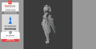 A stylized 3D figurine of a character with a detailed outfit and elaborate hairstyle, viewed from the side.