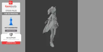 A detailed 3D model of a female character in a decorative outfit with flowers, suitable for 3D printing.