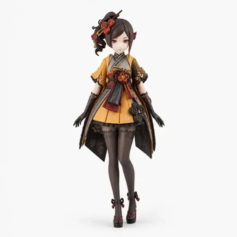 A detailed figurine of an elegant character in a kimono with floral accents and decorative hair ornaments.
