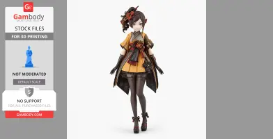 Anime-style figure in ornate outfit with floral details, suitable for 3D printing.