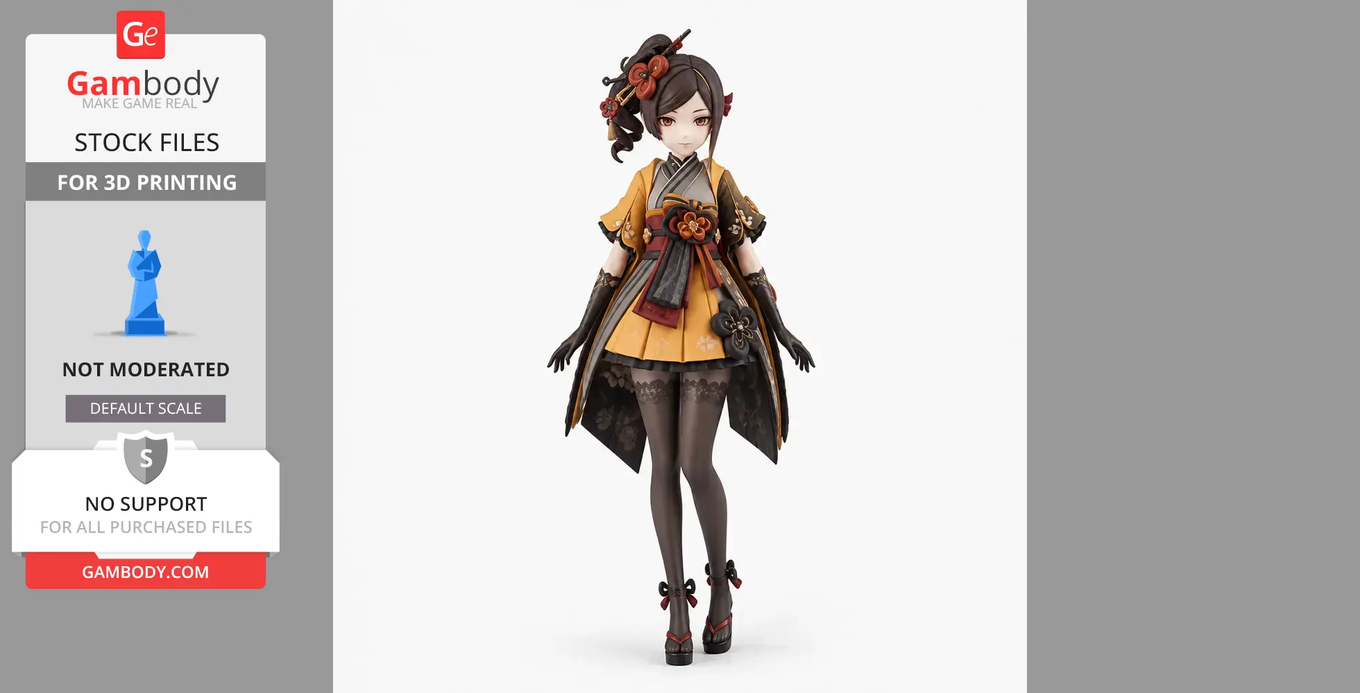 Anime-style figure in ornate outfit with floral details, suitable for 3D printing.
