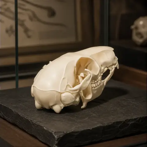 A detailed, white 3D-printed replica of a long-tailed pygmy possum skull on a dark surface.