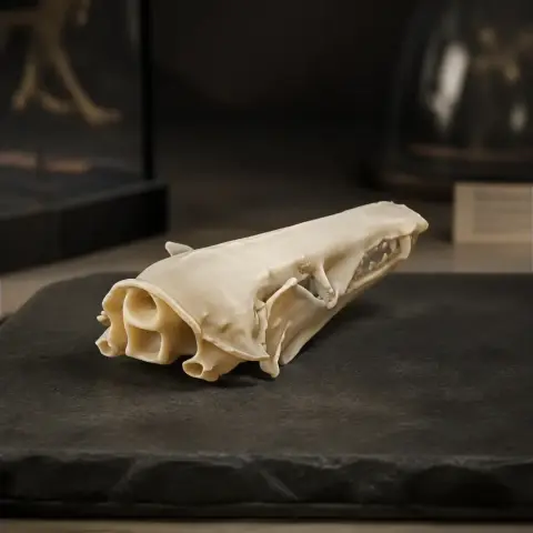 3D printed lowland streaked tenrec skull replica displayed on a dark surface.