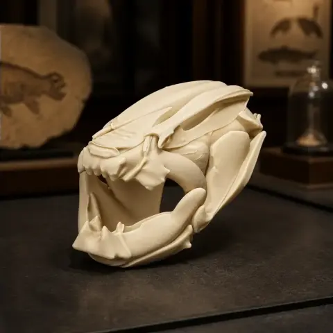 3D printed African Lungfish skull replica displayed on a dark surface.
