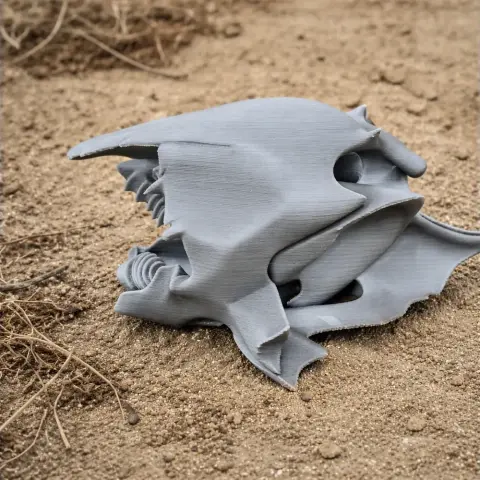 3D-printed Australian lungfish skull replica, placed on a sandy surface.