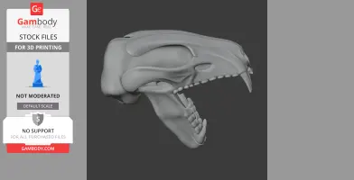 3D model of a lynx skull, side view, with detailed teeth and bone structure, designed for printing.