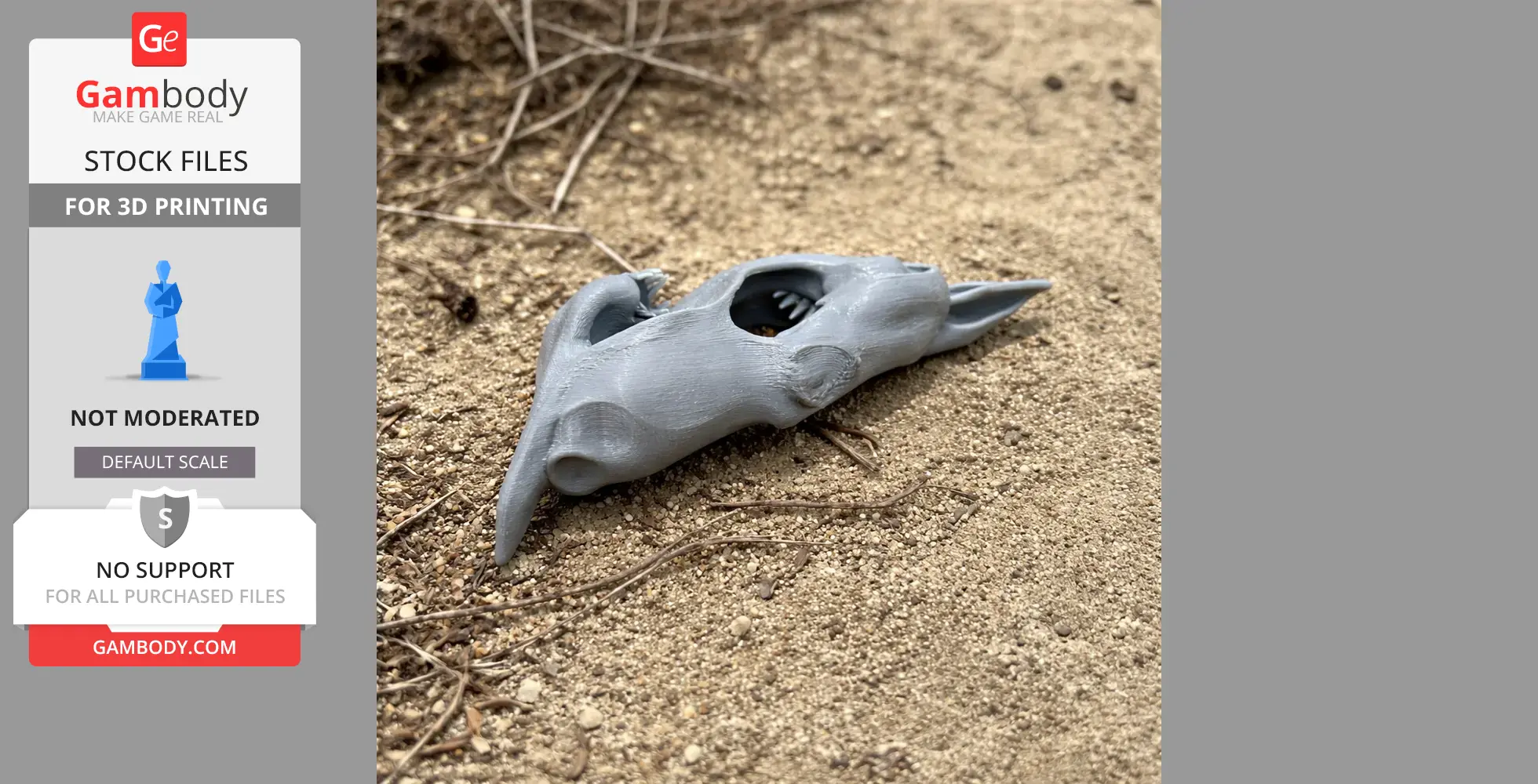 A 3D-printed Mako shark skull replica lies on sandy ground.