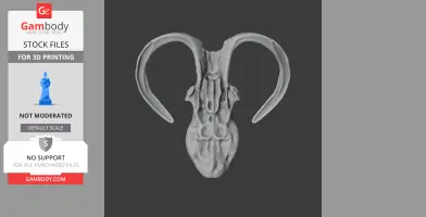 3D printable mammoth skull replica with curved tusks on a dark background.