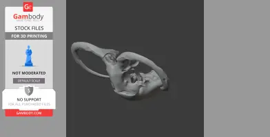 3D model of a mammoth skull replica, featuring prominent tusks in a grayscale render.
