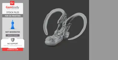 3D model of a mammoth skull with large, curved tusks for 3D printing, displayed on a dark background.