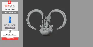 3D model of a mammoth skull with large curved tusks for 3D printing.