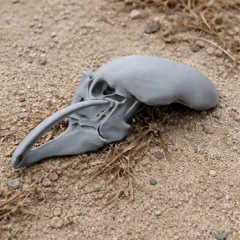 A detailed 3D-printed mammoth skull replica placed on sandy ground.