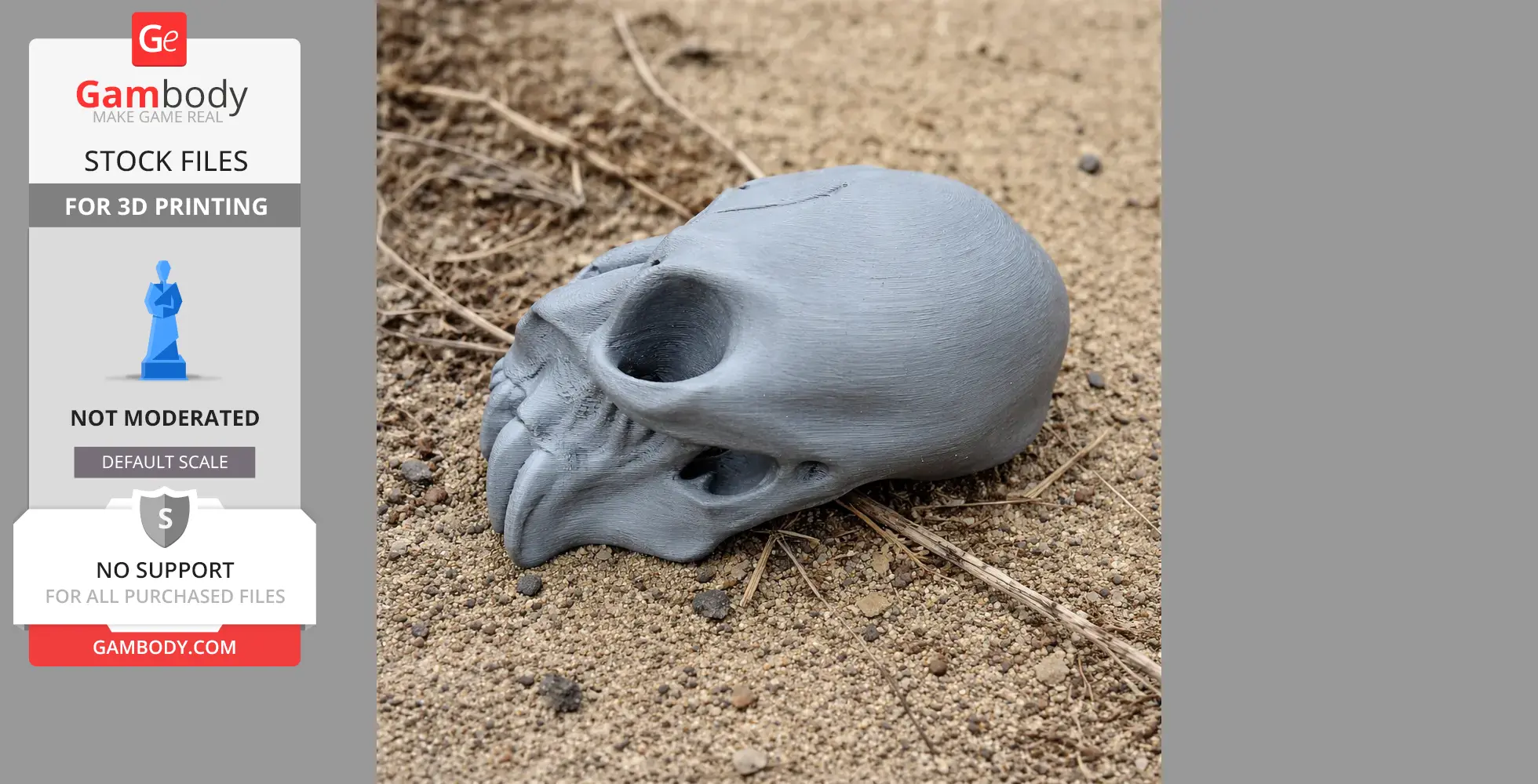 Gray 3D-printed mandrill skull replica on sandy ground.