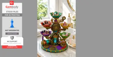 Steampunk-themed organizer with gear details and multiple colorful bowl compartments, holding various items.