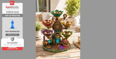 Steampunk bowl organizer with gears, clock, and pipes, holding truffles on a wooden table.