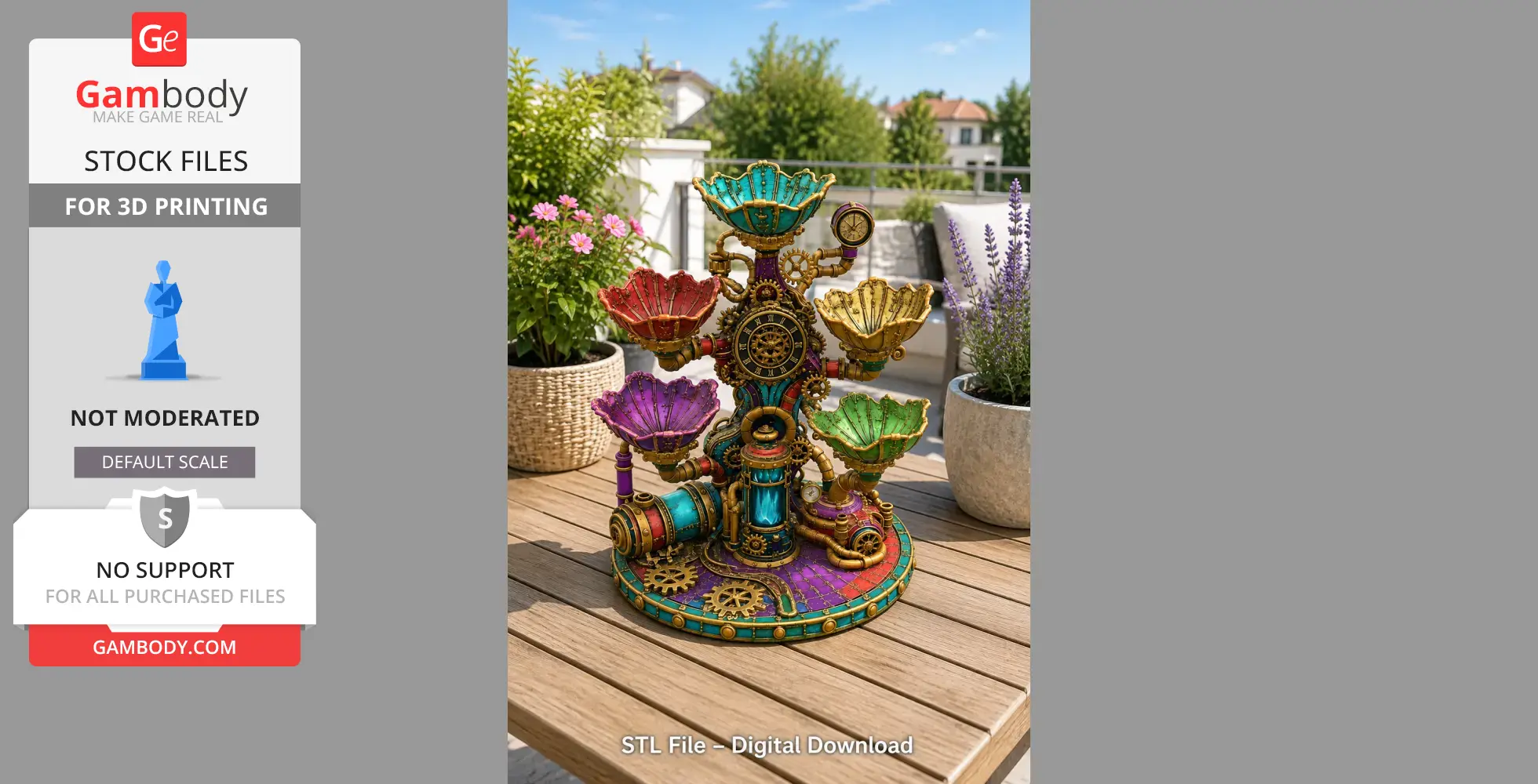 A colorful steampunk clockwork bowl organizer with gears and pipes, set on a wooden table outdoors.