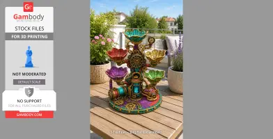 A colorful steampunk clockwork bowl organizer with gears and pipes, set on a wooden table outdoors.