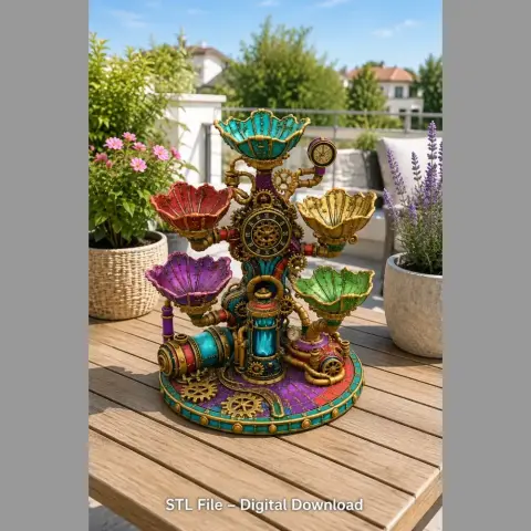 Steampunk clockwork bowl organizer with gears and colorful bowls on a wooden table outdoors.
