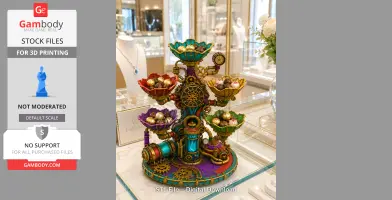 Steampunk-style bowl organizer with colorful gears and cogs, holding various small round objects.