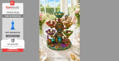 Steampunk clockwork bowl organizer with colorful gears and compartments, displayed on a table.
