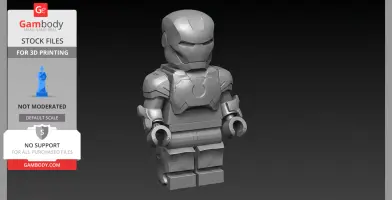 A LEGO-style Iron Man 3D model for printing, shown in a gray color.