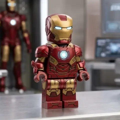 Lego-style Iron Man figure in red and gold armor, standing on a metallic surface.