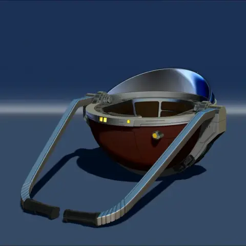 Futuristic capsule with metallic arms, inspired by Grogu's pod from The Mandalorian.