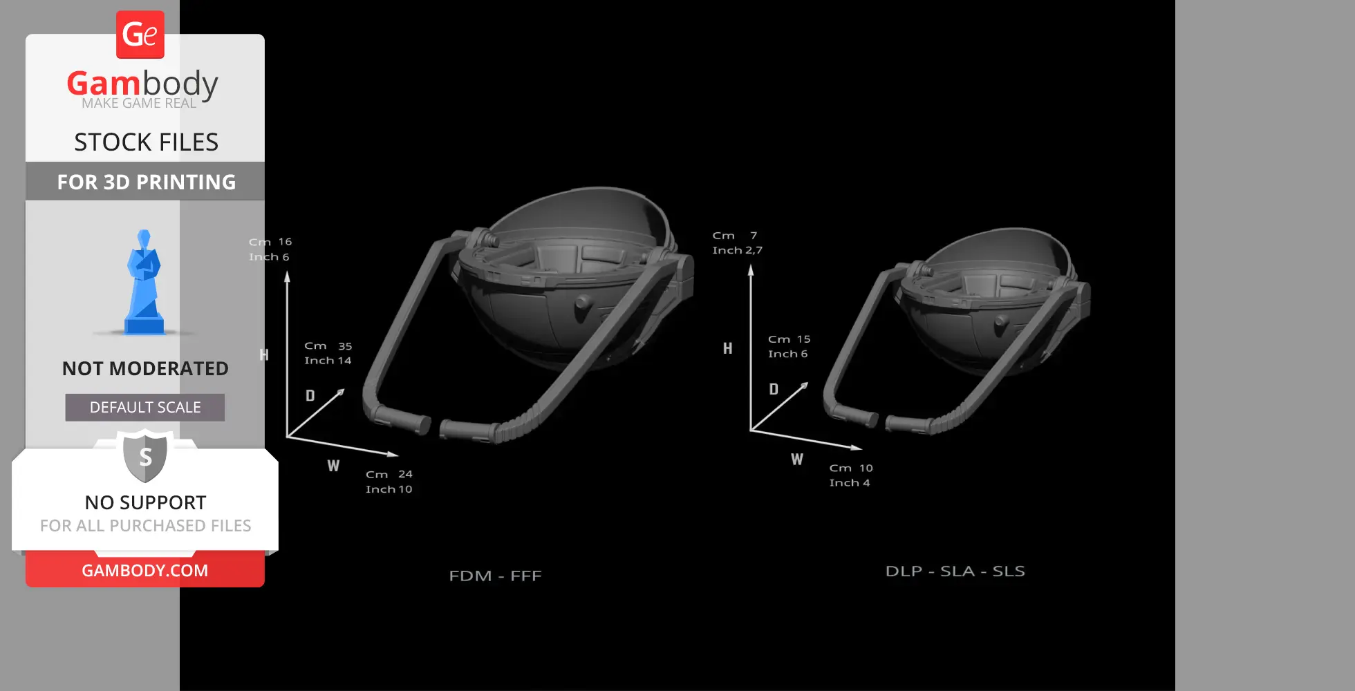 Grogu's capsule from 'The Mandalorian' for 3D printing, showing dimensions for different print types.