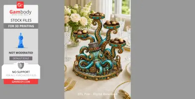 Steampunk octopus-shaped tray organizer holding chocolates, adorned with gears and a top hat.