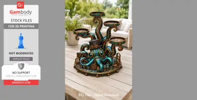 Steampunk octopus with tentacles holding trays, featuring gears and a top hat, on a wooden table.