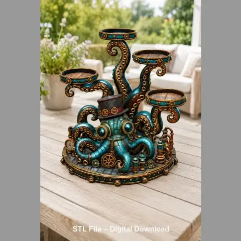 Steampunk octopus tray organizer with gears, tentacles, and a top hat design.