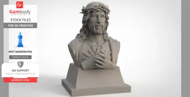 A detailed 3D printable bust of Jesus with a crown of thorns, presented on a square base.