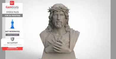 3D bust model of a figure with a beard, long hair, and a crown of thorns, hands positioned together.