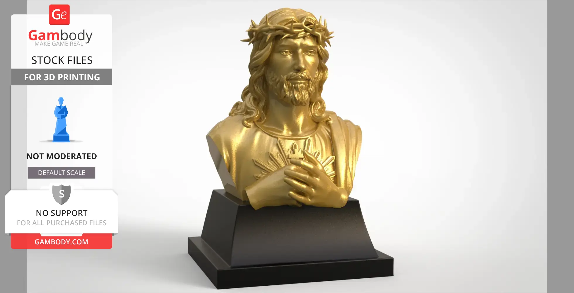 A golden bust of Jesus with a crown of thorns, hands on chest, on a black pedestal.