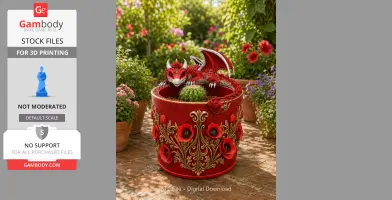 A detailed red dragon planter with floral designs, holding a cactus, amidst a vibrant garden setting.