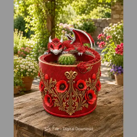 Red dragon-shaped planter with poppy designs, holding a small cactus, on a wooden table.