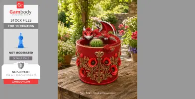 Red dragon planter with poppy designs, featuring a dragon resting on a cactus.