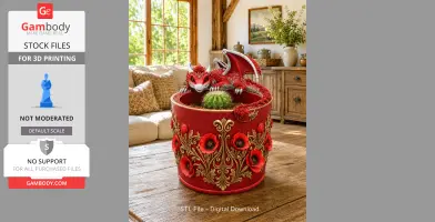 A red dragon planter adorned with poppies, holding a cactus, designed for 3D printing.