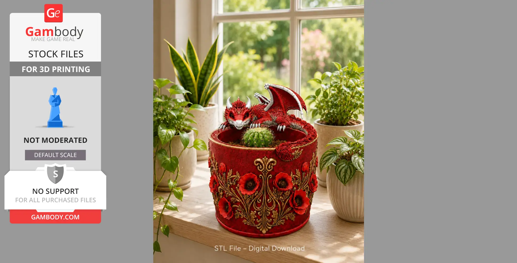 Red dragon-shaped planter with poppy designs, holding a cactus, set near a window with other plants.