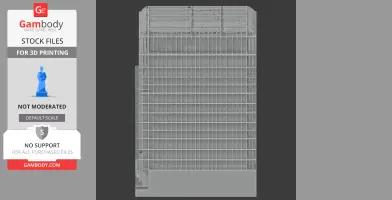 Gray 3D model of a modern skyscraper with rectangular grid windows, designed for 3D printing.