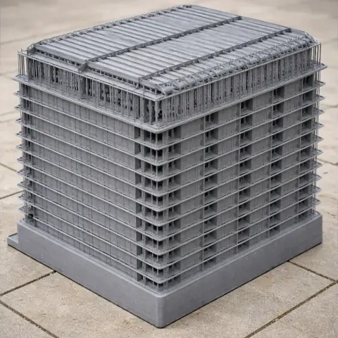A detailed gray 3D model of a modern, stacked architectural tower with tiered layers and grid patterns.