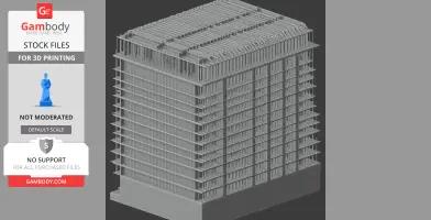 Detailed 3D model of a multi-storey building with layered, grid-like structure and flat roof.